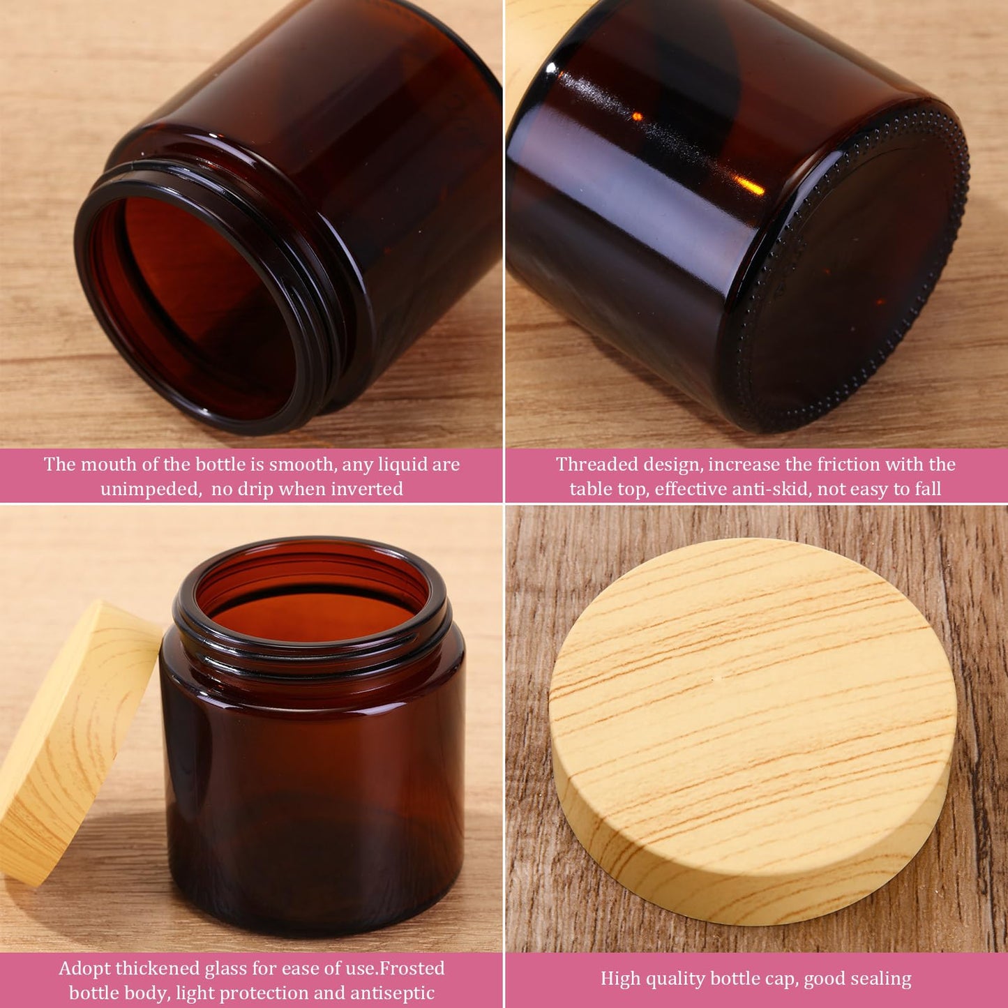 Geiserailie 30 Pcs 3.5oz Glass Jars with Plastic Wood Grain Lids Leakproof Airtight Empty Cosmetic Jars Sample Containers for Storing Lotions Powder Ointments Candle Making (Amber)