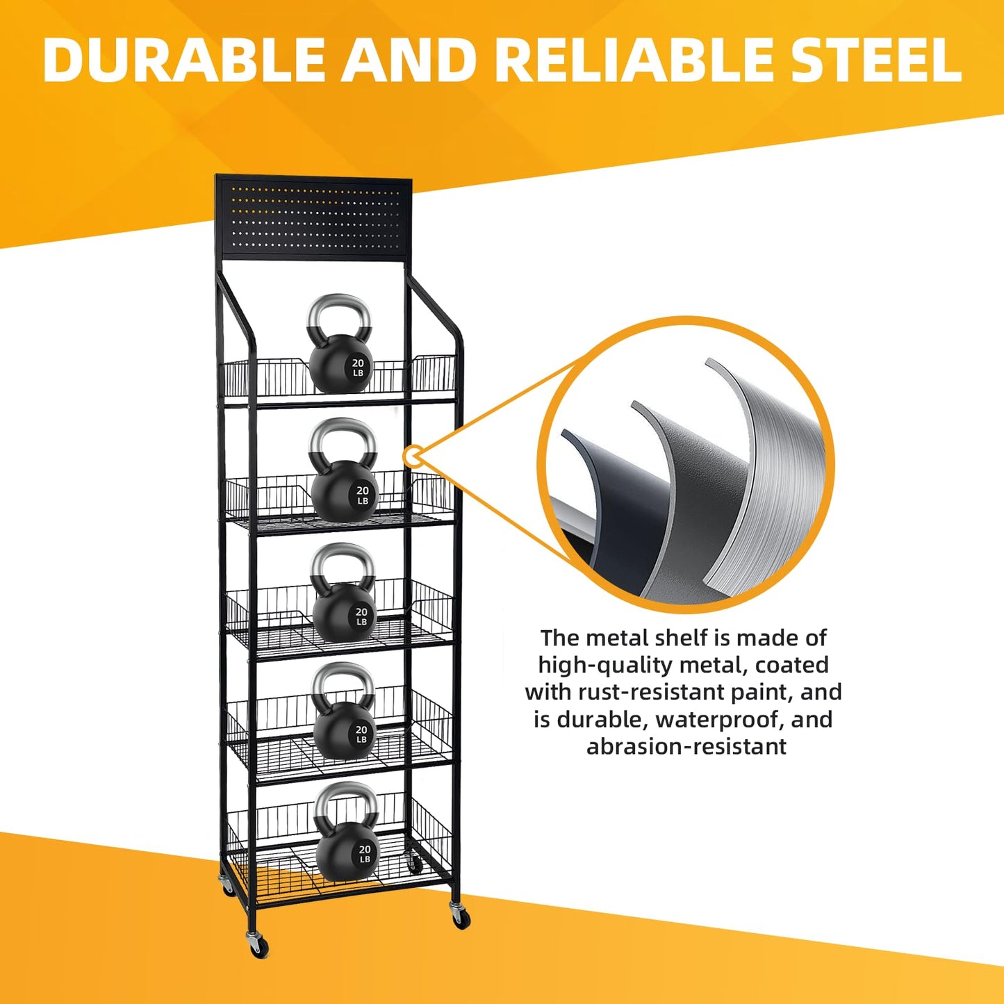 TONGMO 5 Tier Snack Rack Display Stand - Retail Display Shelves with Top Pegboard, 15 Hooks, Bakery Display Rack on Wheels for Easy Mobility and Organization (Black, 5‑Tier)