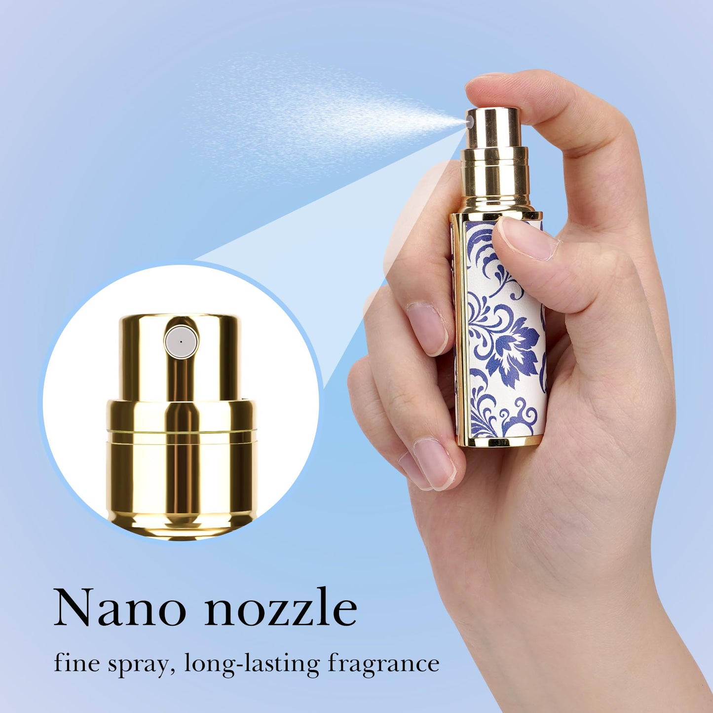 LUEXBOX Portable Perfume Bottle for Travel, Mini Refillable Perfume Dispenser, 5ml Faux Leather Leak Proof Perfume Atomizers, Blue and White Bottles Sprayer for Pocket Perfume (Blue Grass)