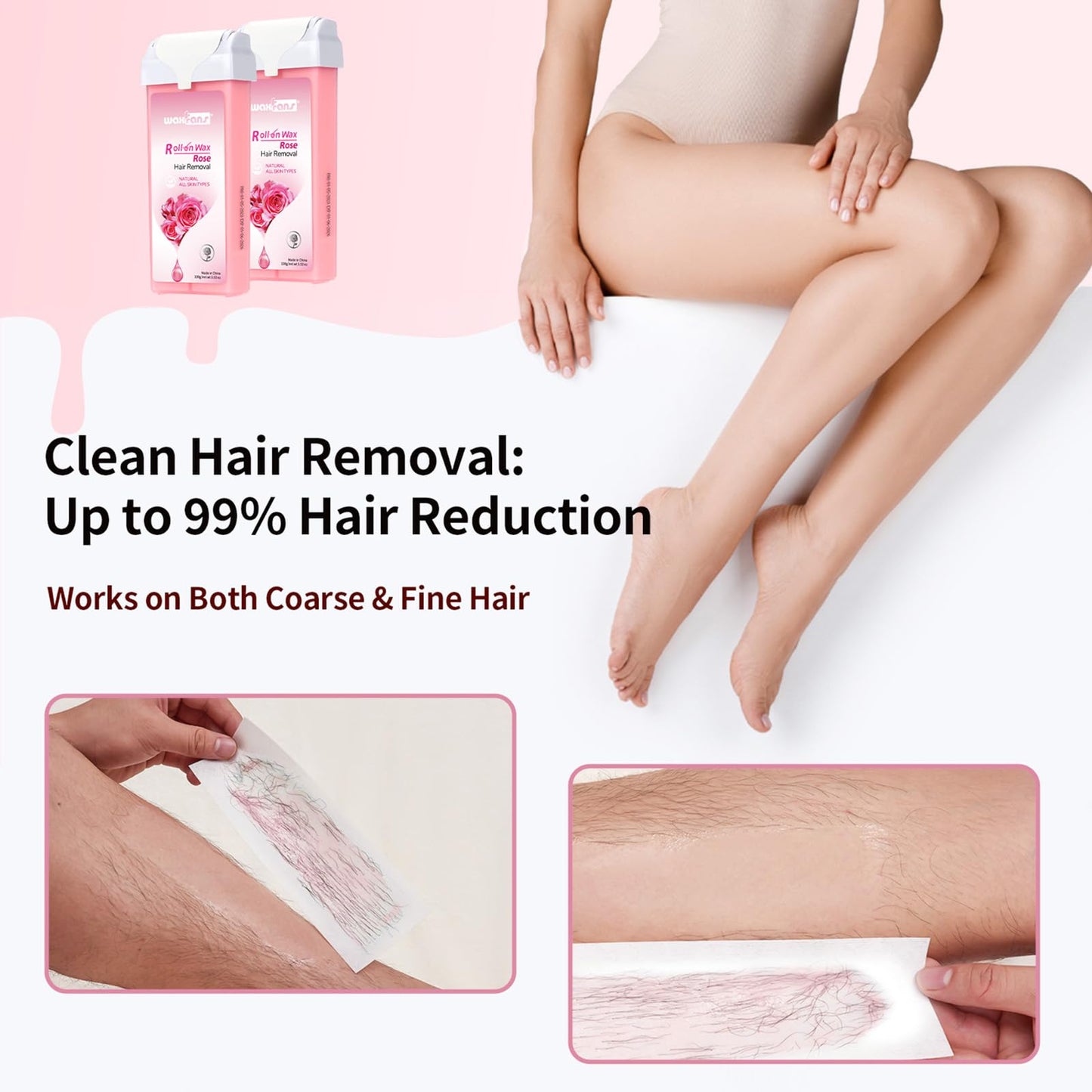 Waxfans Roll On Wax Refill,Waxing Roller Refill for Hair Removal,100% Natural,Quick Melting - For Coarse and Fine Hairs.with 3.53 Ounce(Pack of 4) Honey Wax Rollers, 50 Strips (Pink)