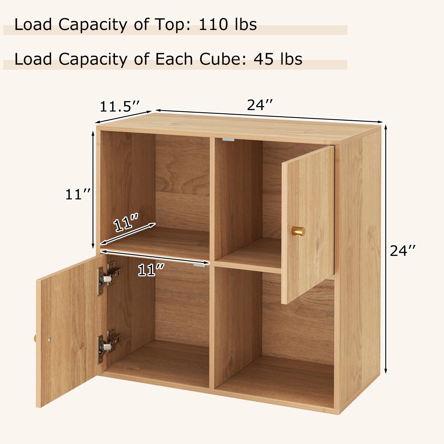 Giantex 4 Cube Bookcase, 2-Tier Freestanding Book Shelf with Open Compartments, Enclosed Cubes, Display Storage Cabinet for CDs/Movies/Books, Cubby Storage Organizer for Study Living Room, Natural