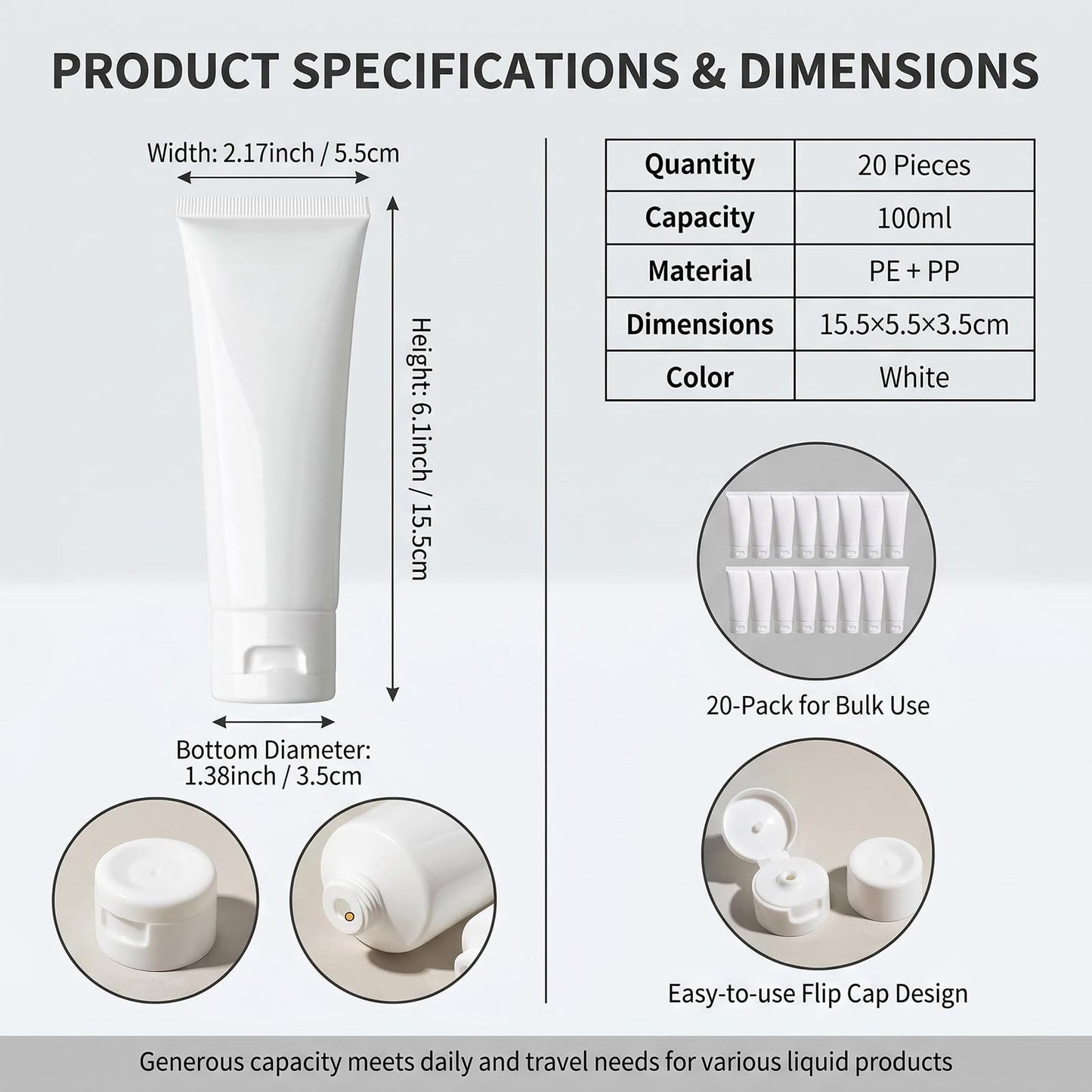 erioctry 20PCS 100ml/3.4oz Plastic White Empty Refill Cosmetic Packing Bottle Jars with Flip Cover Makeup Water Cleanser Shower Gel Emulsion Lotion Liquid Sample Storage Container