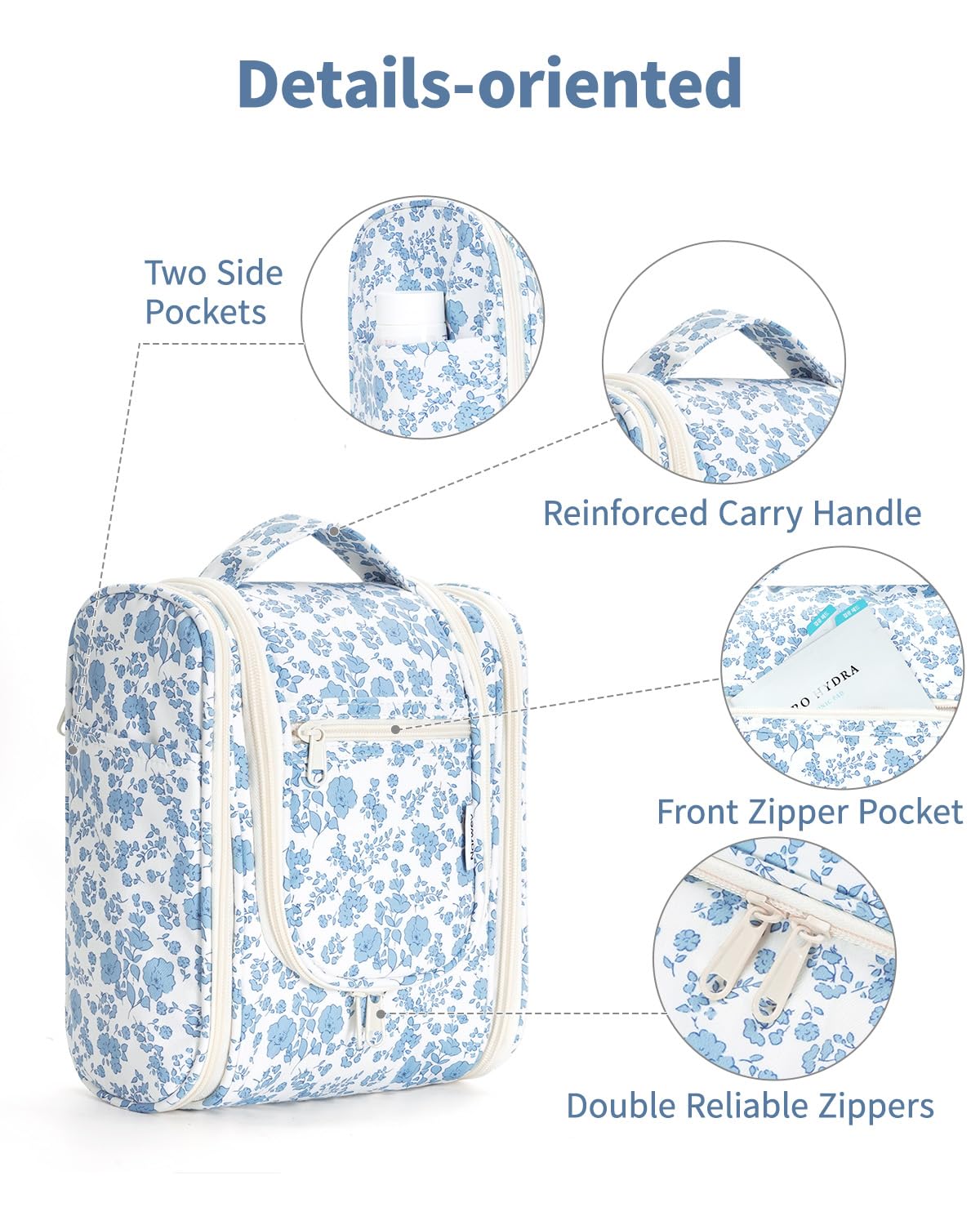 Narwey Hanging Toiletry Bag Women Travel Makeup Bag Organizer Toiletries Bag for Travel Size Essentials Accessories Cosmetics (Medium,Blue Flower)