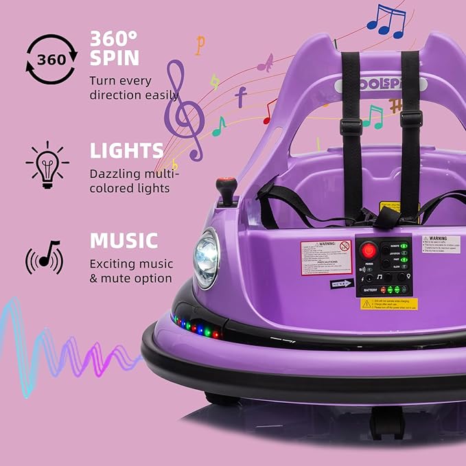 12V Bumper Car for Kids, Bumper Car for Toddlers W/Remote Control, Electric Ride On Car with LED Lights & 360 Degree Spin, Bluetooth, Anti-Collision Padding, Safety Belt, DIY Stickers,Purple