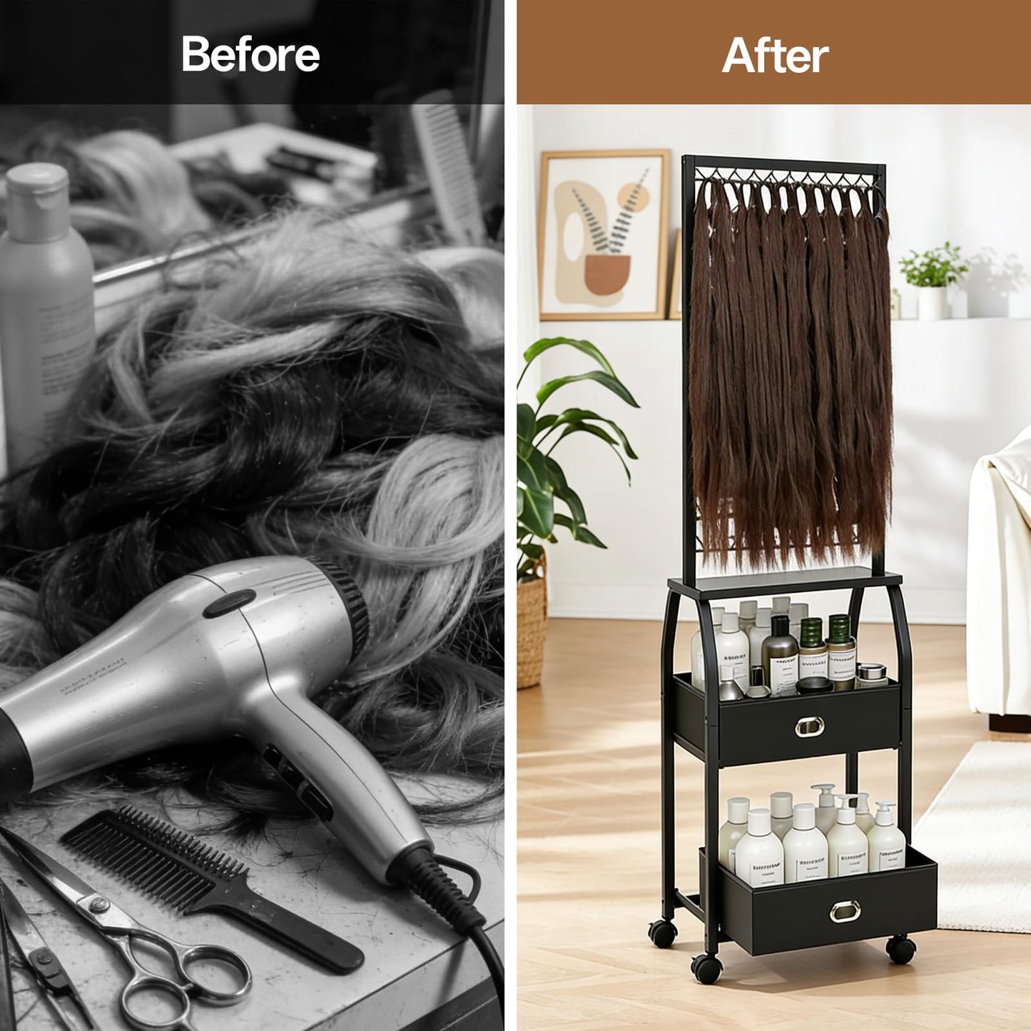 Portable Braiding Hair Rack with Wheels & Storage Drawers,2-Sided 288 Pegs,Hair Extension Holder Hanger for Braiding Hair Separator Stand Display,Hair Rack with Stylist Hair braiding Tools (Black)