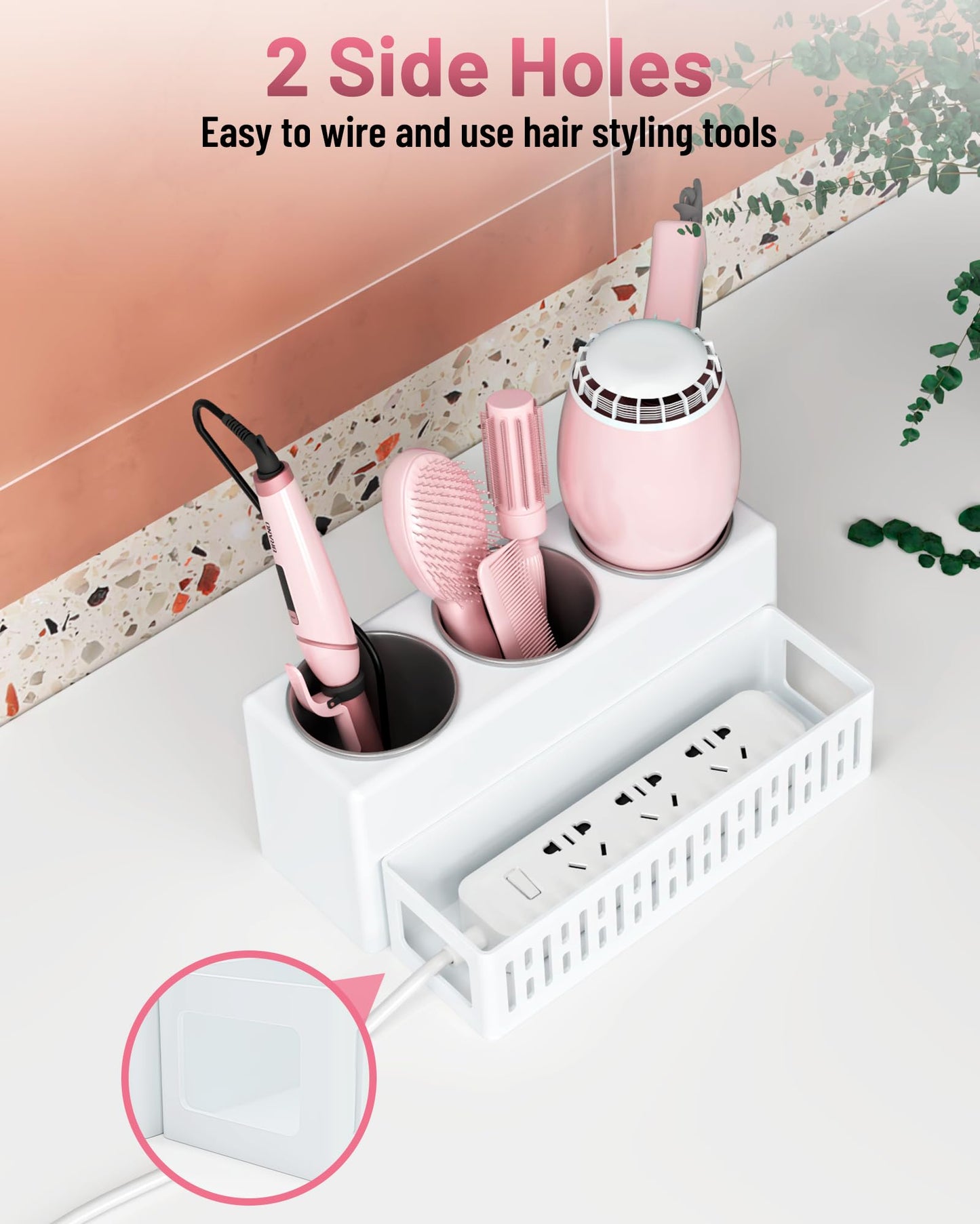 LATTYSY Hair Tool Organizer, Detachable Hair Dryer Holder with 3 Stainless Steel Cups, Wall Mounted Bathroom Organizers and Storage for Accessories, Curling Irons, Straighteners, Toiletries, Makeup