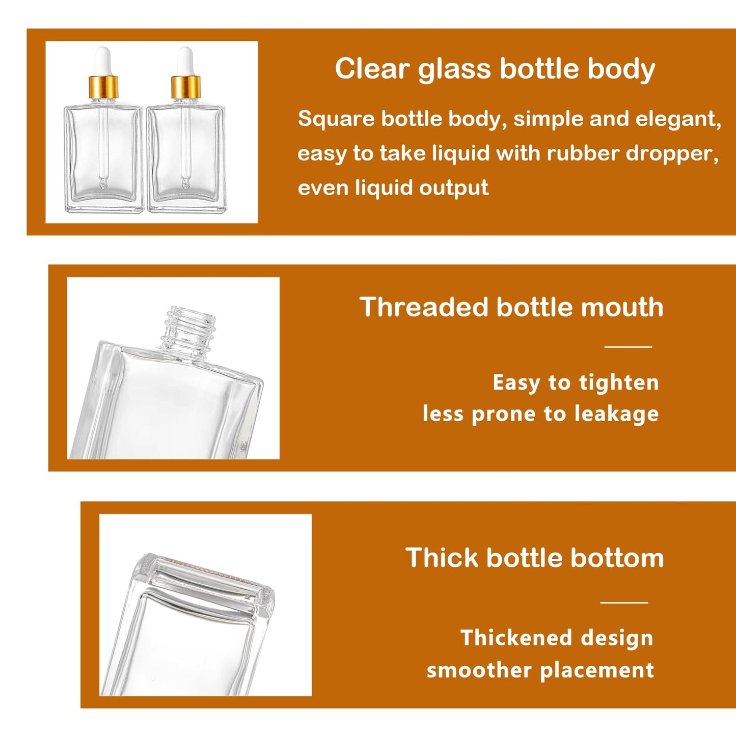 BEGIKET 6 Pack 1.7oz Clear Square Glass Dropper Bottles, 50ml Empty Square Perfumes Bottles with Eye Droppers, for Essential Oils,Liquids, Tincture Bottle (Clear -Golden Cap)