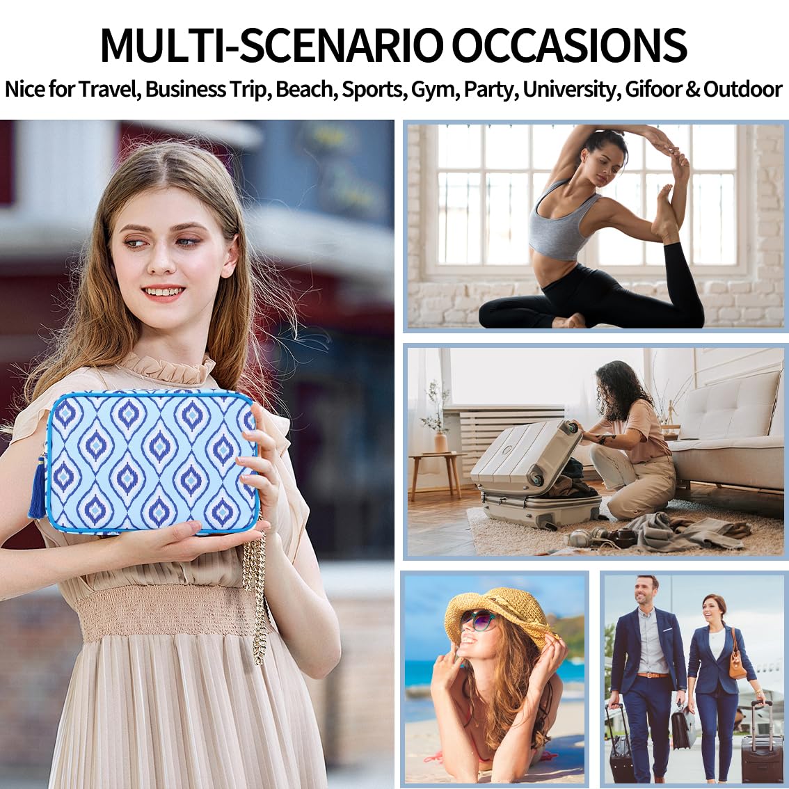 EMBRUNIOICE Makeup Bag Travel Cosmetic Bag Organizer Tassel Toiletry Bag Large Canvas Zipper Pouch Mahjong Tile Bag (Ikat Blue)