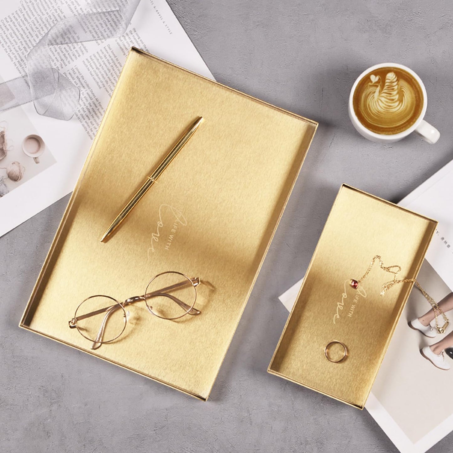 Gold Rectangle Trays, 12x8 inch Stainless Steel Metal Gold Plate Serving Tray Rectangle Decorative Cosmetic Jewelry Display Tray for Living Room, Vanity, Bathroom