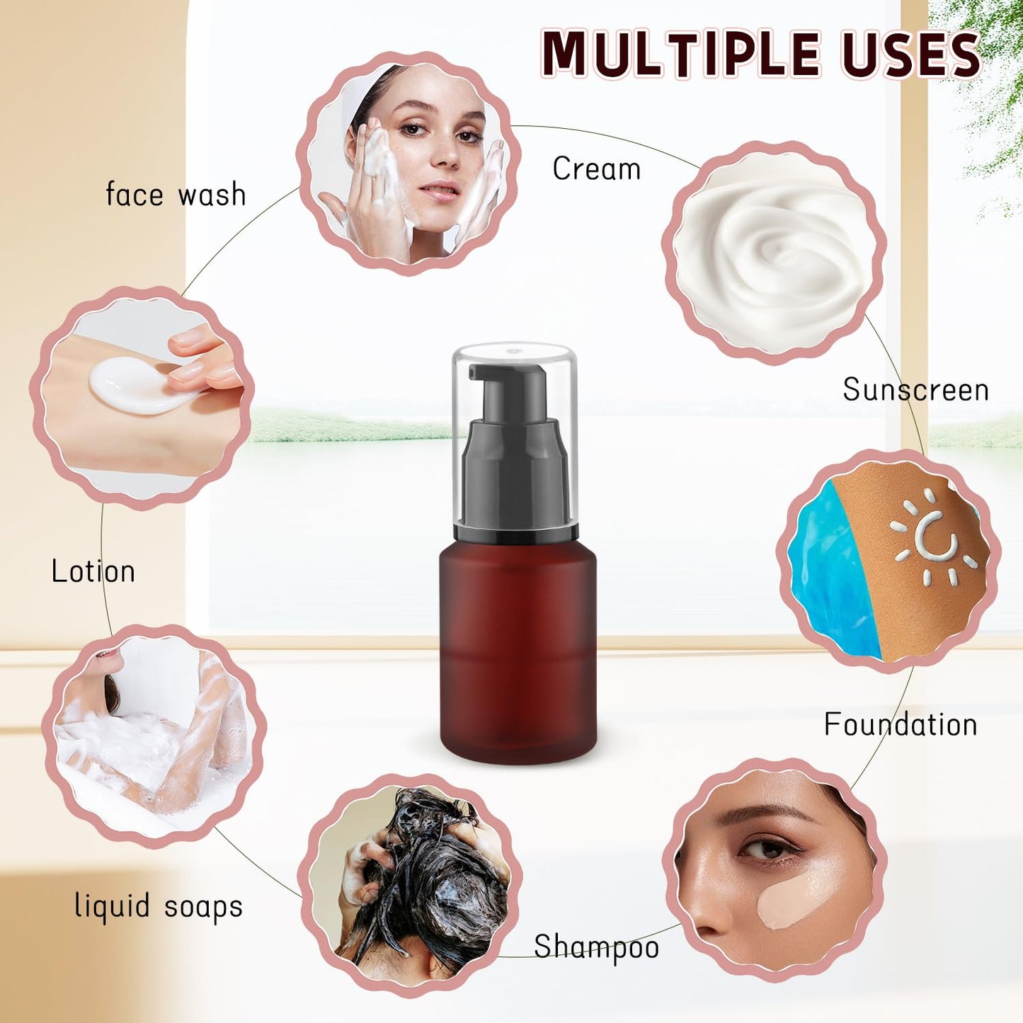Wresty 6 Pcs Empty Glass Pump Bottles Refillable Cream Lotion Bottle Travel Sample Bottles Cosmetic Dispenser Bottle Containers For Lotion Cream Emulsion Essence (Red, 30ml/1oz)