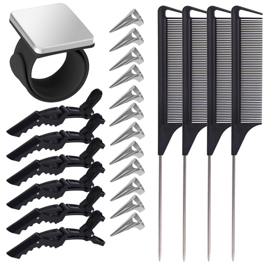23 Pieces Hair Braiding Tools Set, Magnetic Wrist Pin Holder, Sectioning Clips, Rat Tail Combs, Hair Parting Rings for Braiding