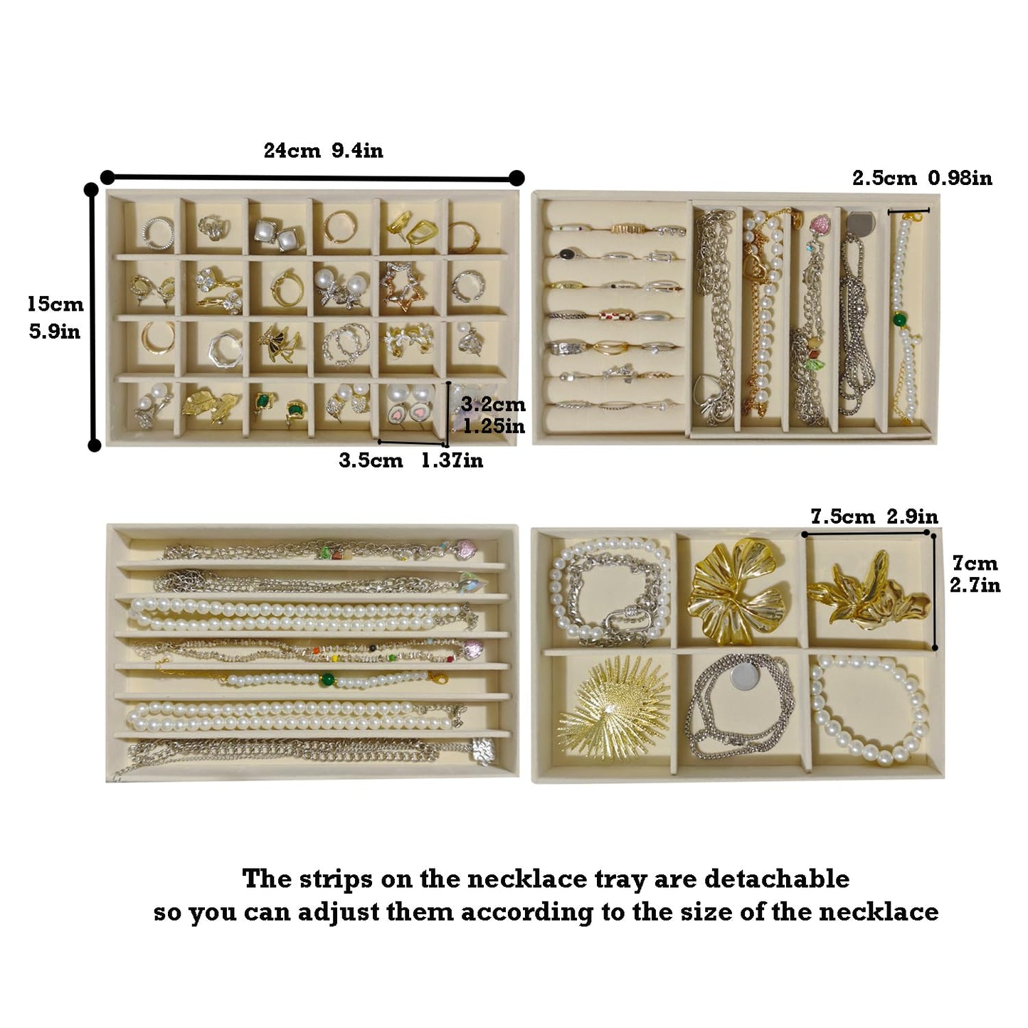 KATISYIO Stackable Jewelry Trays Organizer for Drawer Set of 4 – Velvet Drawer Inserts Organizer Jewelry Organizers and Display Set for Earrings, Rings, Necklaces, Bracelets (Beige)