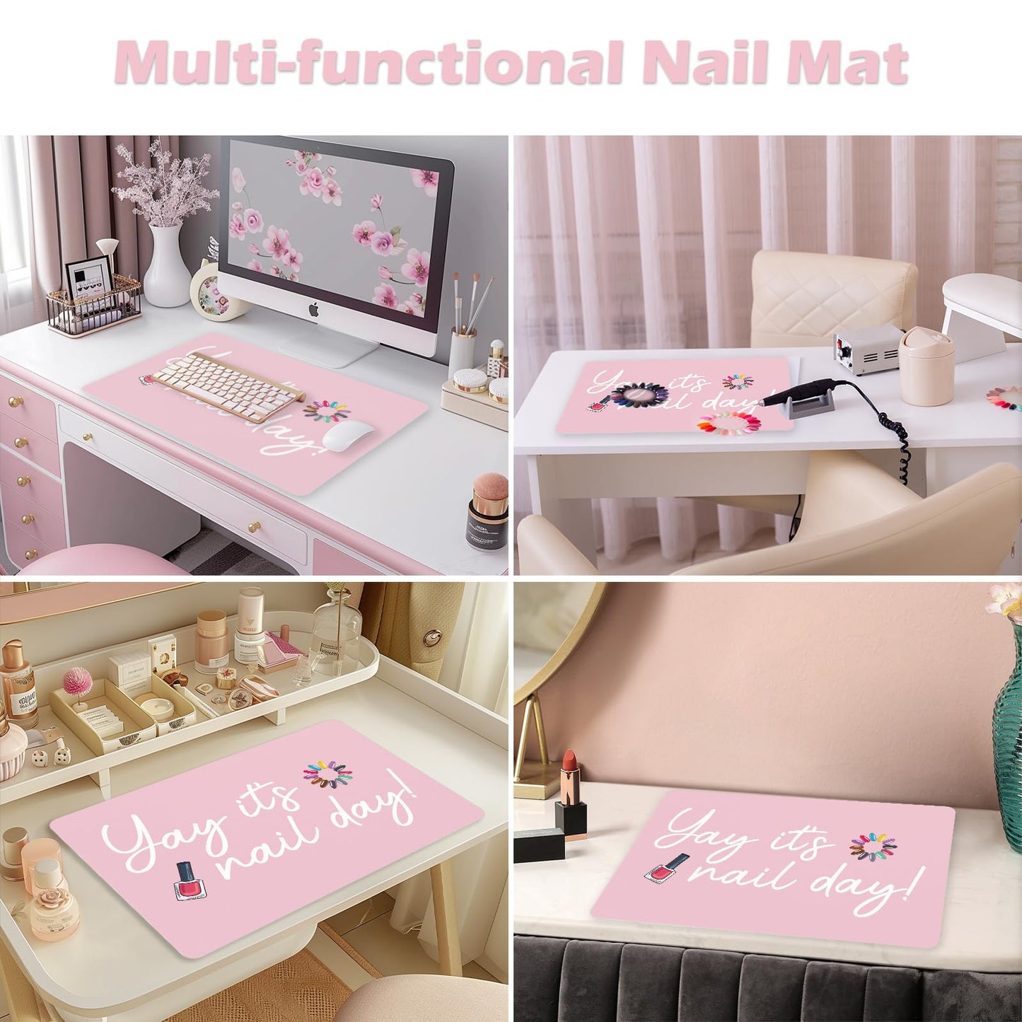 "Yay It's Nail Day" PU Leather Nail Art Table Mat (Mat Only) – Reversible Manicure Desk Protector & Arm Rest Pad for Acrylic Nails, Nail Techs, and Home Salons