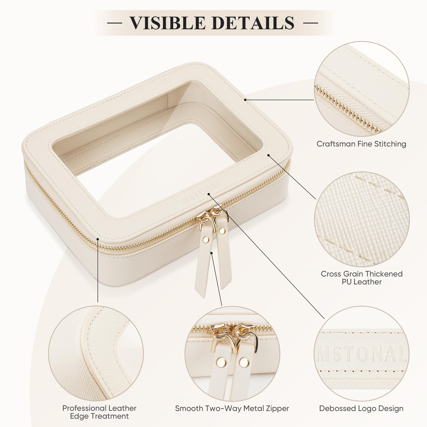 MSTONAL Clear Makeup Bag, Travel Toiletry Bag Cosmetic Case for Women, Waterproof Portable Make Up Skincare Pouch with Zipper, Compact Car Organizer Bag for Essentials, Medium Size, Beige