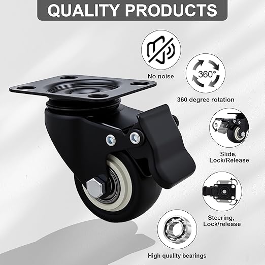 2 Inch Caster Wheels Set of 20 Heavy Duty Casters,with Brake,No Noise Locking Polyurethane (PU) Wheels, for Furniture and Workbench Load 800lbs