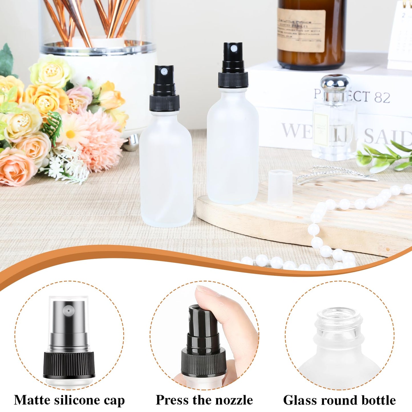 EASTHOLGLS 24 Pack Clear Frosted Glass Spray Bottles, Refillable Fine Mist Spray Containers for Essential Oils, Cleaning Solutions, Plants, Hair Care & Travel, Leakproof