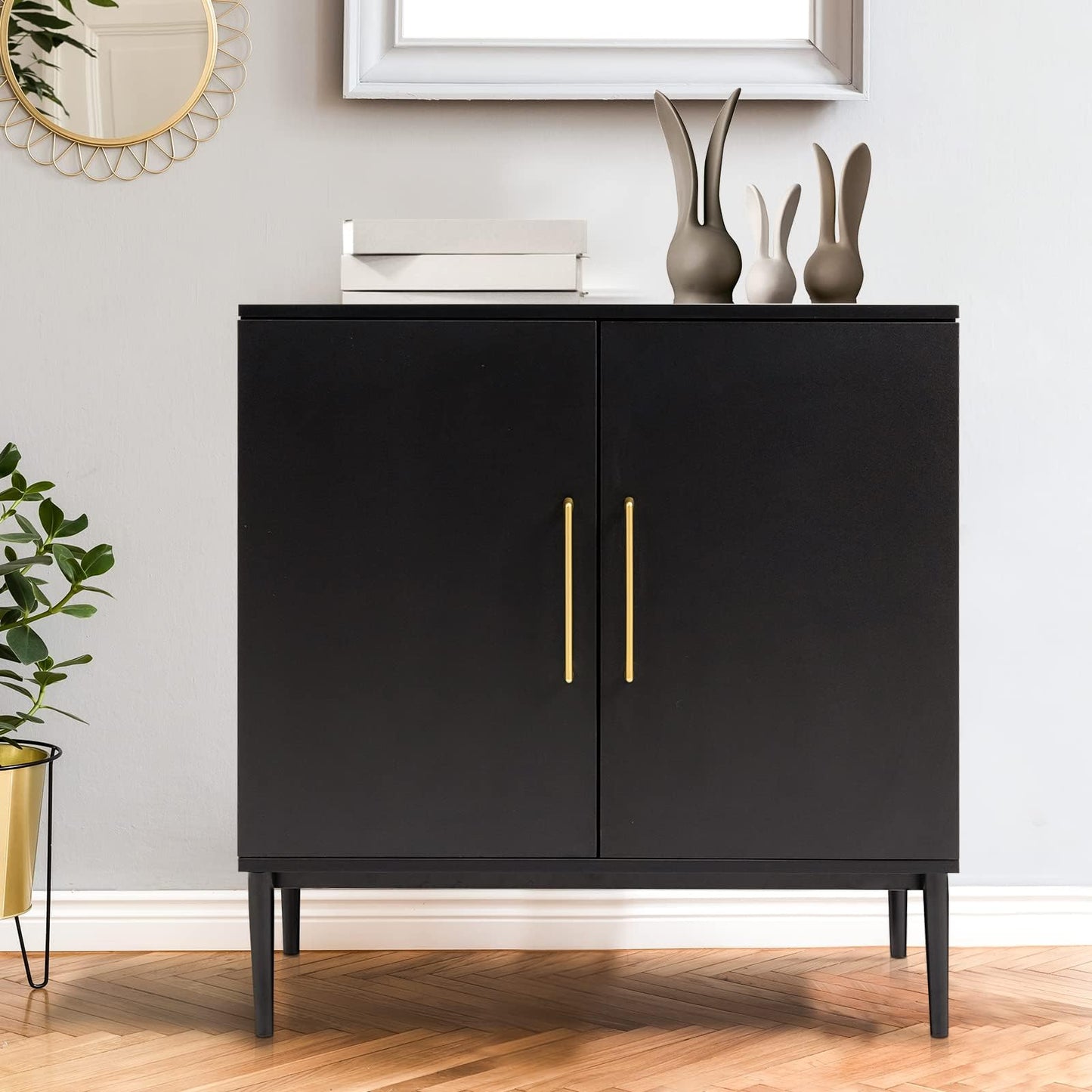 REHOOPEX Black Storage Cabinet with Doors, Modern Accent Cabinet, Free Standing Cabinet with Adjustable Shelf, Wooden Buffet Sideboards for Living Room, Kitchen, Dining Room, Entryway