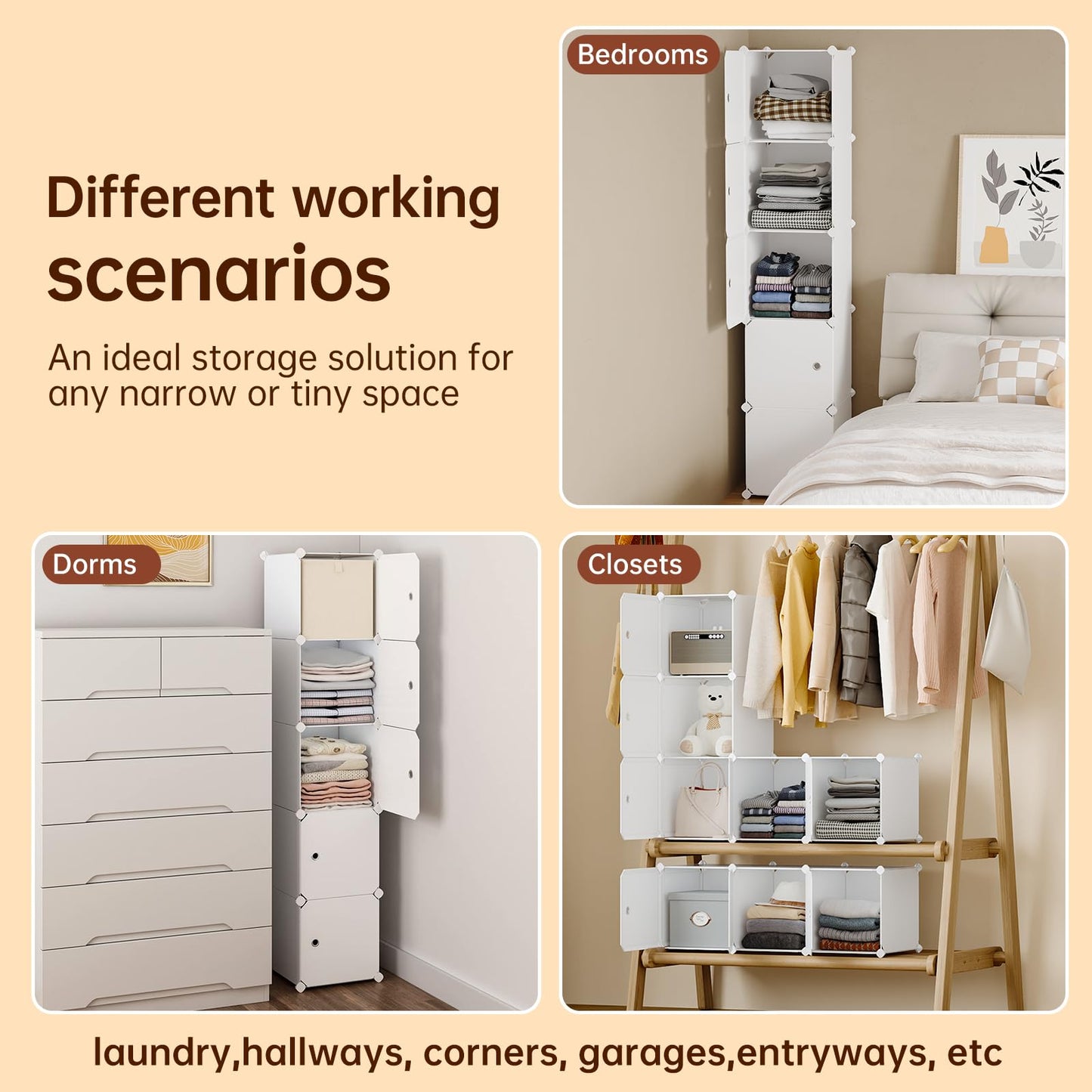 MAGINELS 5 Cube Storage Cabinet, Narrow Clothes Storage with Doors,Tall Plastic Standing Organizer Shelves for Small Spaces,Use to Closet,Bedroom,Livingroom,White(11.8x11.8inch)