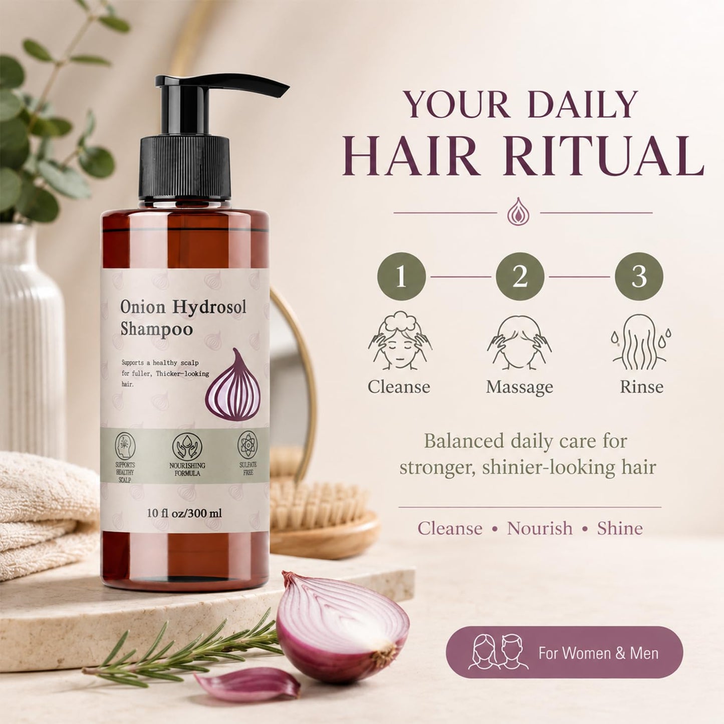 Onion Hydrosol Shampoo for Hair Growth, Onion Hydrosol with Rosemary, Biotin, for Stronger, Fuller and Thicker Hair, Growth Shampoo for Women and Men(1pc)