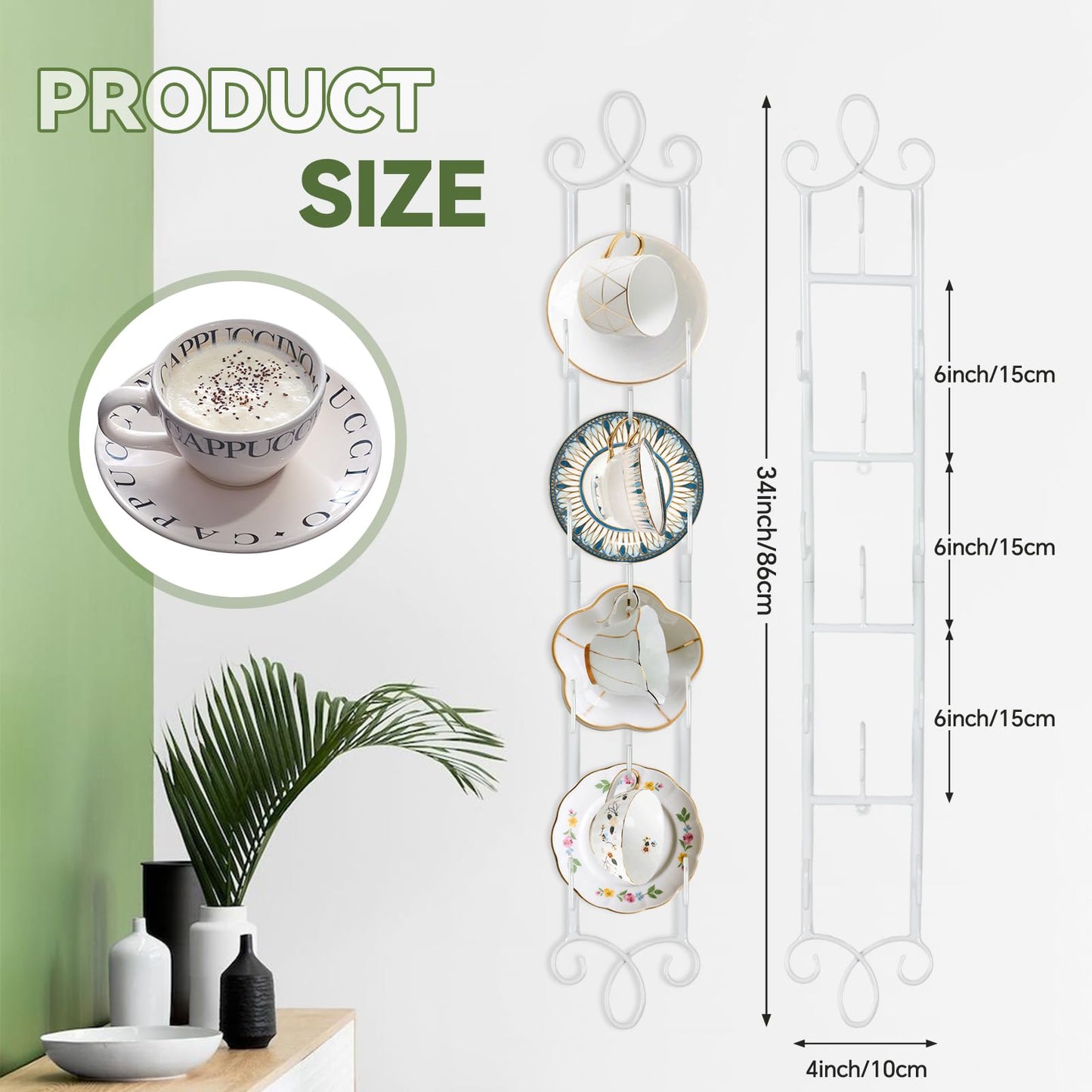 WHXGG 2 Pack Tea Cup Display Rack Vertical Wall Cup Rack Set 4 Tiers Wall Mounted Cups Plate Holder 36 x 5''Tea Cup and Saucer Display Stand for Kitchen Tearoom Restaurant Office Fits 6''Diameter