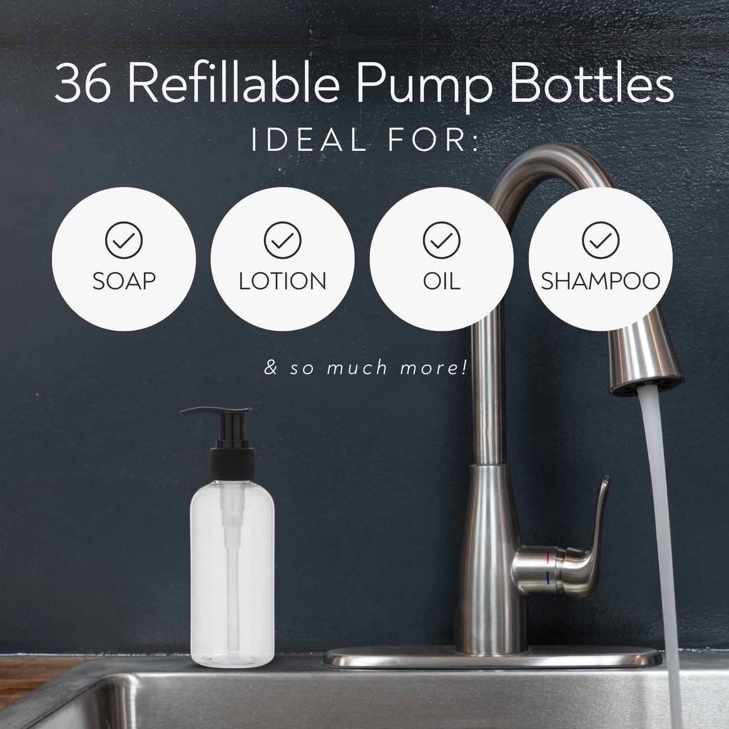 ReGar 36 Pack Empty Pump Bottles 8oz – Clear Plastic Refillable Containers with Locking Pump Dispenser for Lotion, Shampoo, Soap, Oil, Cream, Conditioner, Travel Size Bulk Toiletry Bottles