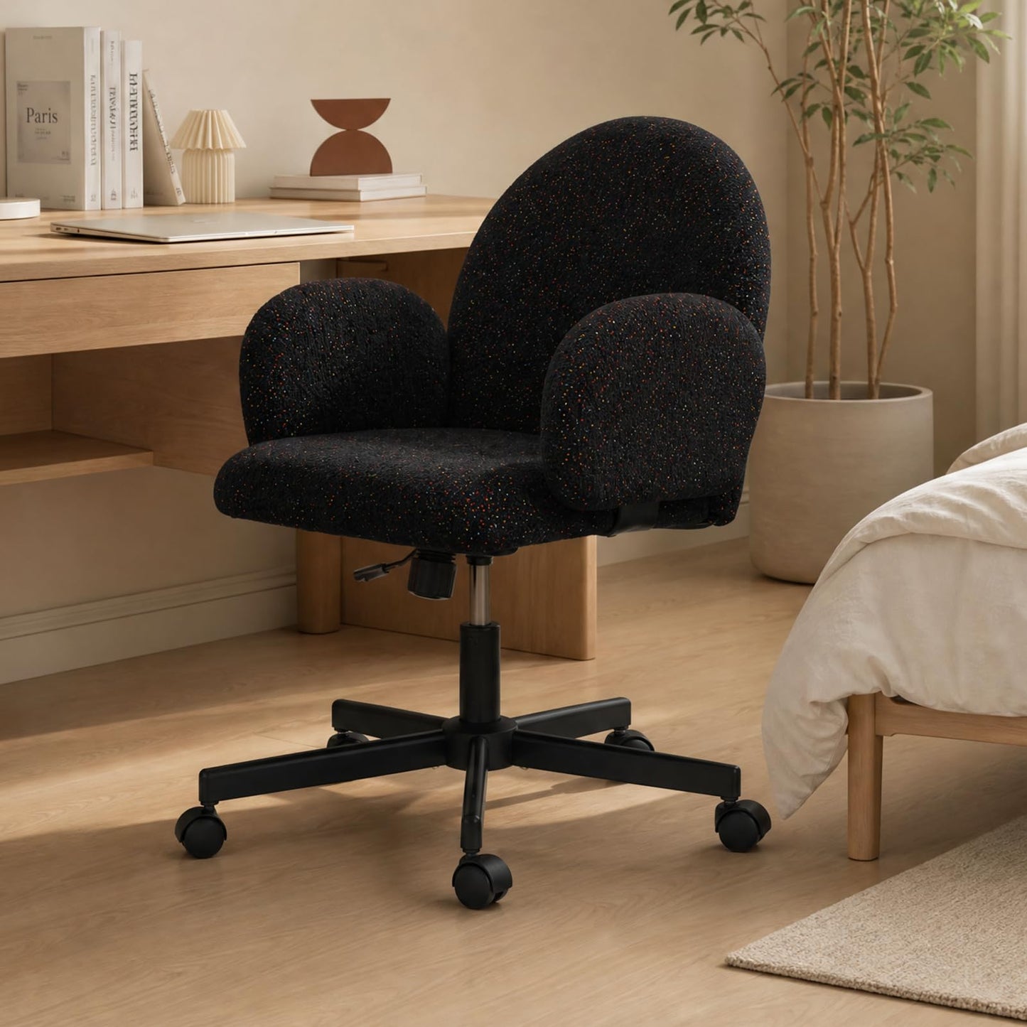 XYPFURN Home Office Desk Chair with Petal Backrest, Starry Chenille Cute Swivel Vanity Chair Adjustable Height, Comfy Upholstered Computer Chair with Wheels for Bedroom Living Room Makeup (Black)