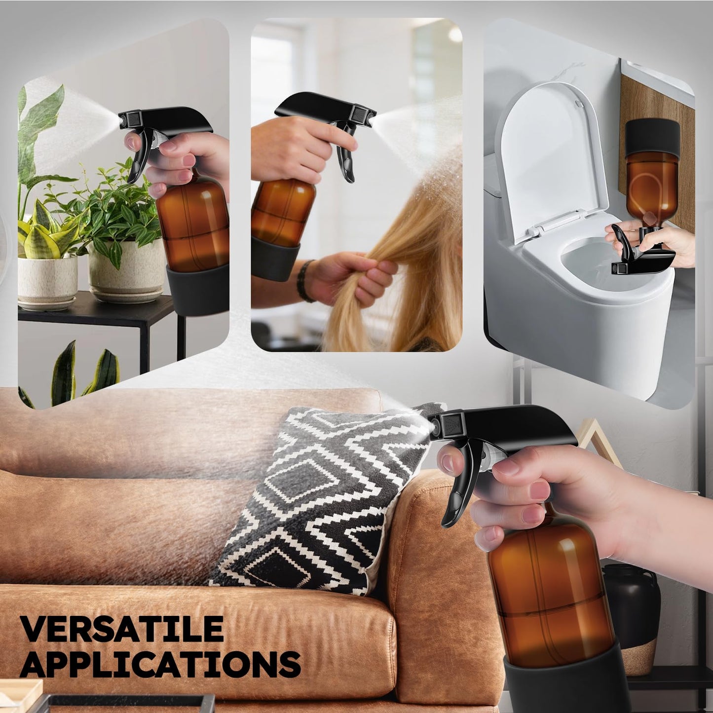 Tecohouse 2 Pack 360° Amber Glass Spray Bottles with Silicone Sleeve, 16 oz Empty Refillable Containers with Adjustable Spray Nozzles, Dark Spray Bottles for Cleaning Solutions, Plants (Black & Brown)