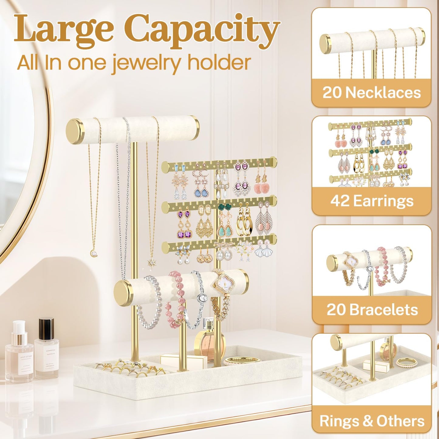 MODOWEY Necklace Holder Earring Stand Organizer, Wooden Velvet Bracelet Tree Rack with Ring Tray for Vendor Women Display Selling, Countertop T Bar Jewelry Tower Keep Everything Visible & Within Reach