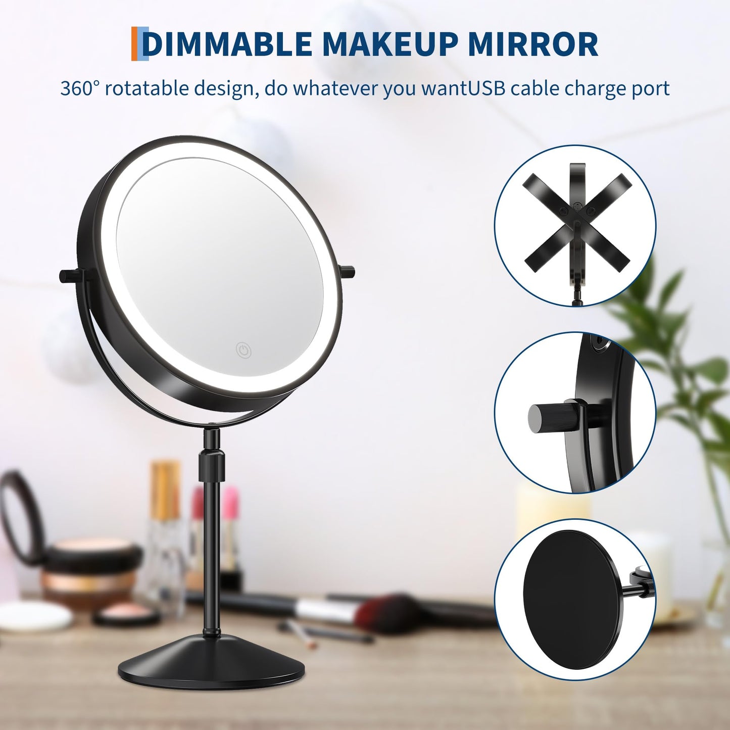 Garvee Lighted Makeup Mirror, Rechargeable Height Adjustable Double Sided Mirror, 1x/10x True HD Magnifying with 3 Color, Brightness Adjustable, 360° Rotation Vanity, Gift for Women, Black