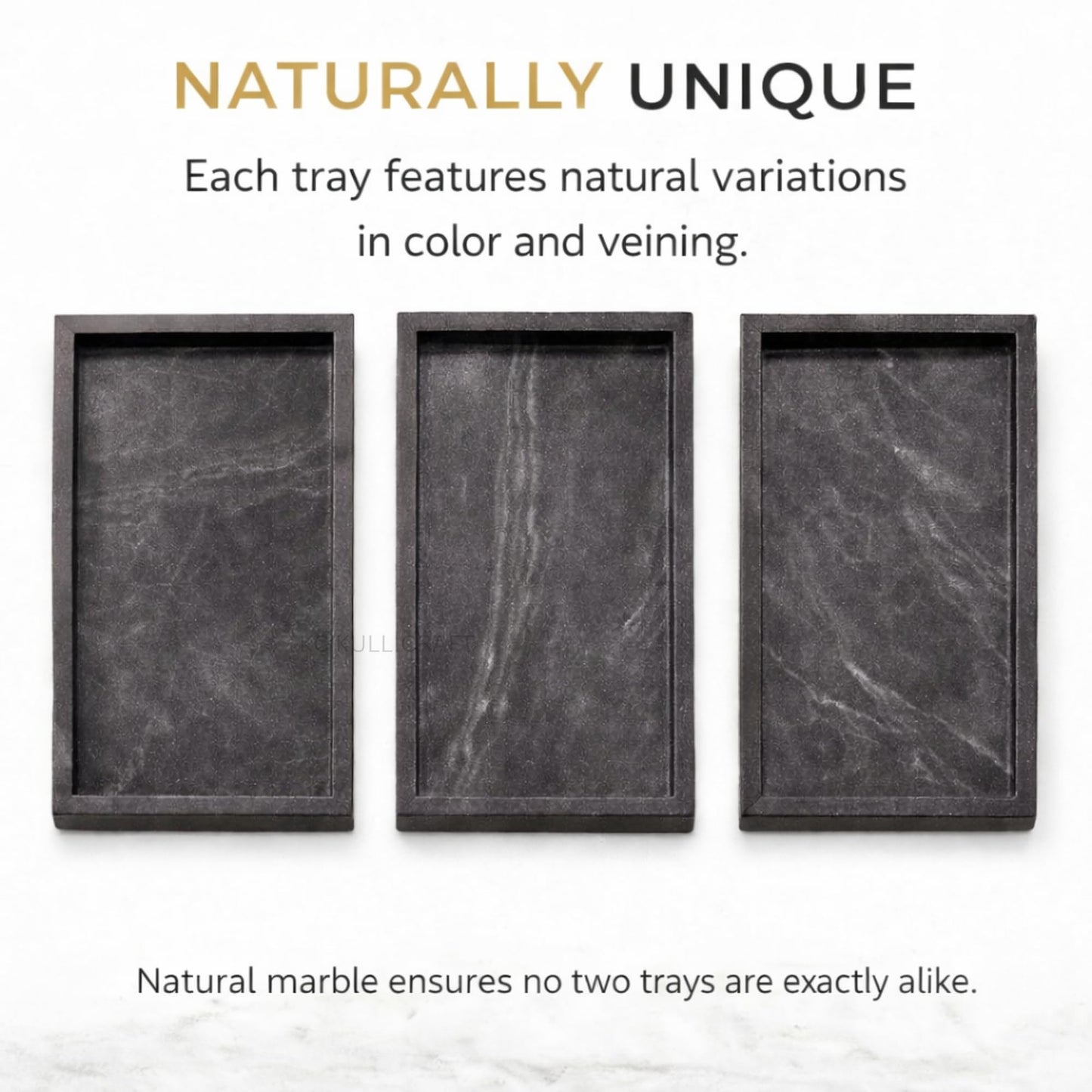 KC KULLICRAFT Natural Marble Tray for Bathroom Black Finish | Kitchen | Vanity | Desktop, Stone Organizer for Coffee Table, Dresser, Nightstand, Soap, Towel, Plant, Jewelry (12" x 8"), Rectangular