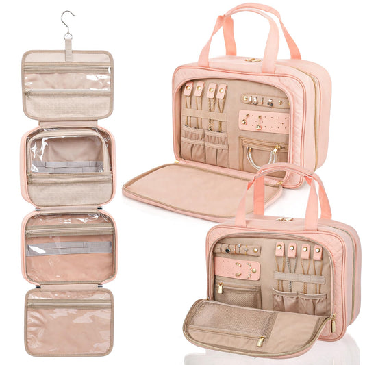 Ckhoid Travel Hanging Toiletry Bag for Women Foldable Makeup Bag with Jewelry Organizer Compartment, PVC Waterproof Cosmetic Travel Bag for Business Camping Bathroom Pink Toiletry Organizer(Pink)