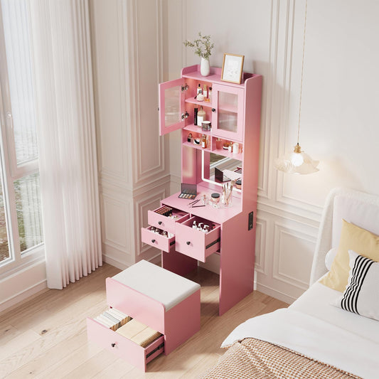 3-in-1 Make Up Vanity Desk with Mirror & Lights, Compact Vanity Table with Drawers, Storage Compartment and Rolling Stool, Modern Small Makeup Vanity and Storage Chair for Bedroom, Powder Room