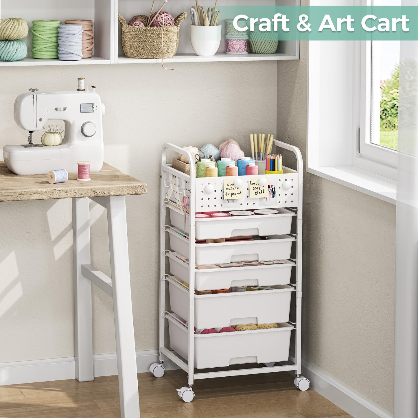 5 Drawer Rolling Storage Cart with Pegboard Top and Hooks, Mobile Utility Organizer with Wheels for Office Supplies, Craft Storage, Classroom Organization, Home Storage Cart, White