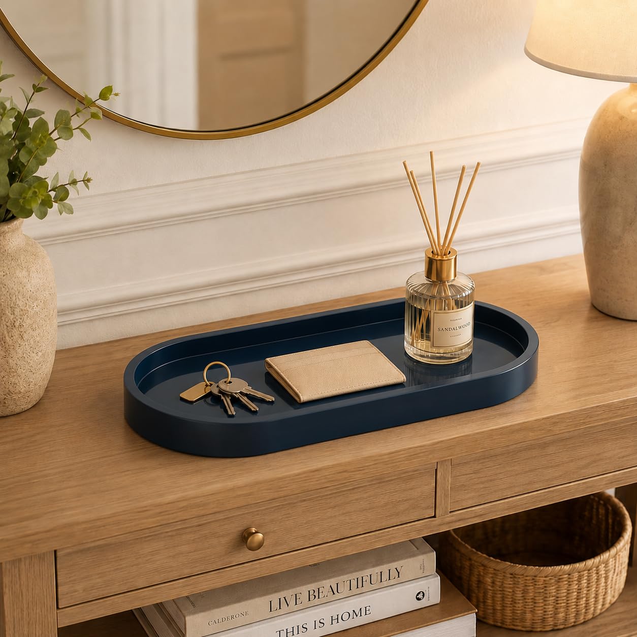 QOLyabnbn 12" Bathroom Counter Tray,Vanity Tray,Decorative Tray,Perfume Tray,Jewelry Tray, Coffee Table Tray,Soap Tray, Thickened Small Tray for Makeup,Perfume,Candles,Keys,Trinkets,Dark Blue,1 Pack