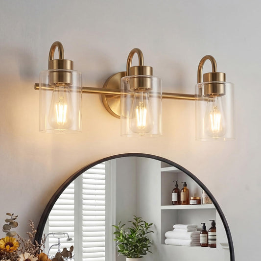 3-Light Bathroom Vanity , Gold Brass Bathroom Fixtures with Clear Glass Shades, Modern Wall Sconce Lighting Over Mirror, E26 Base, Non-Waterproof VART-3-GD（Bulbs Not Included,）