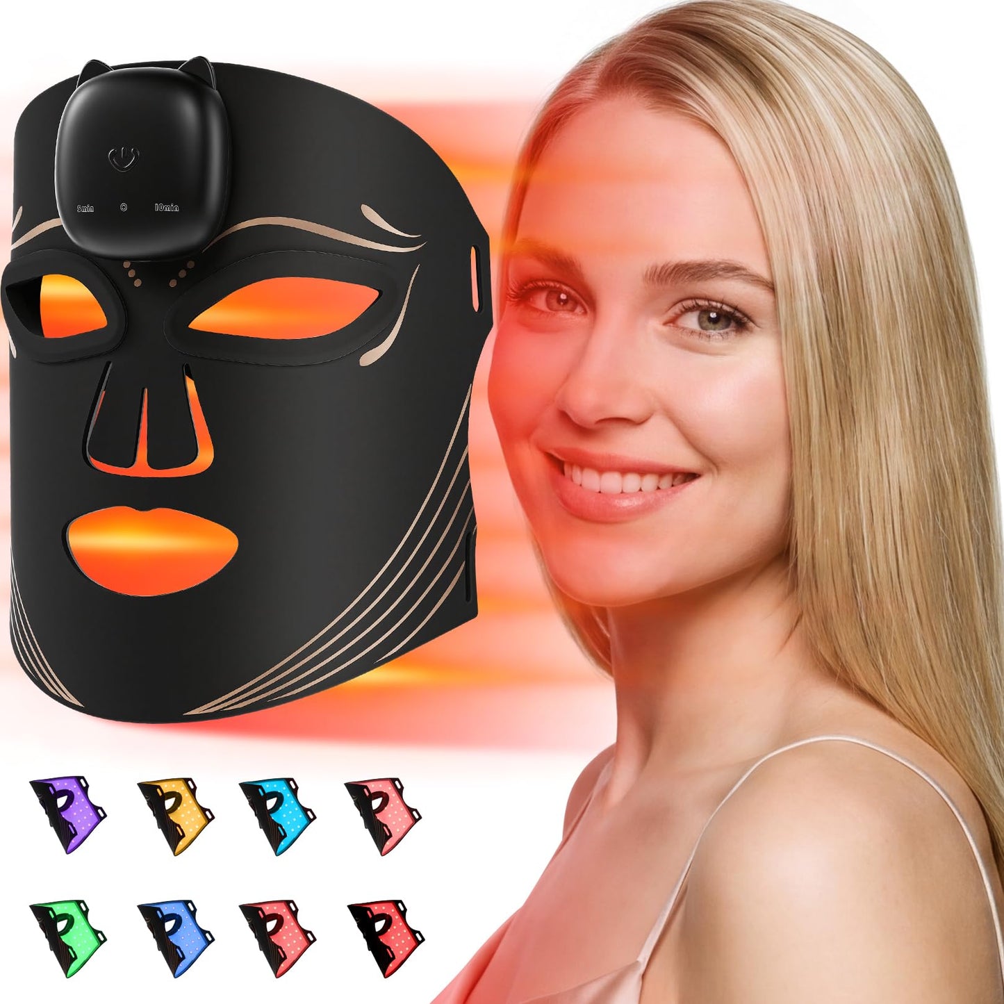 Gurtema Red Light Therapy Mask for Face – 8 Light Modes with 850nm NIR, Red & Blue LED Light Therapy etc., 1000mAh Rechargeable LED Face Mask for Radiant Glow at Home