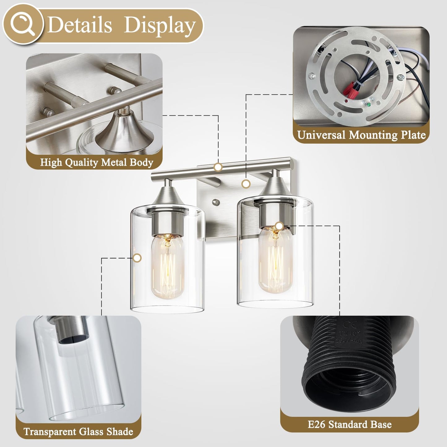 XPEHK Bathroom Vanity Light Fixture, 2-Light Brushed Nickel Over Mirror, Modern for Bedroom Vanity Table Hallway