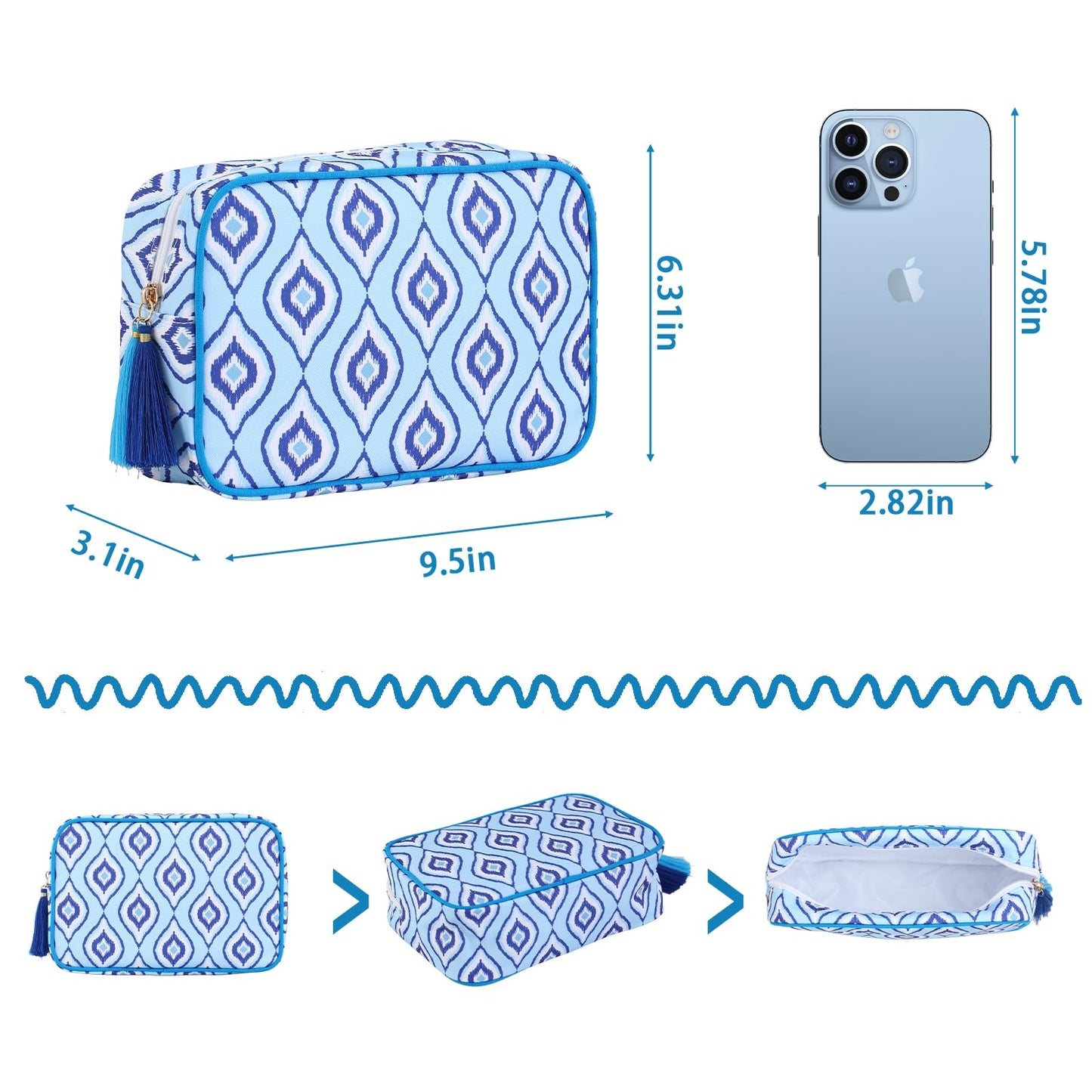 EMBRUNIOICE Makeup Bag Travel Cosmetic Bag Organizer Tassel Toiletry Bag Large Canvas Zipper Pouch Mahjong Tile Bag (Ikat Blue)