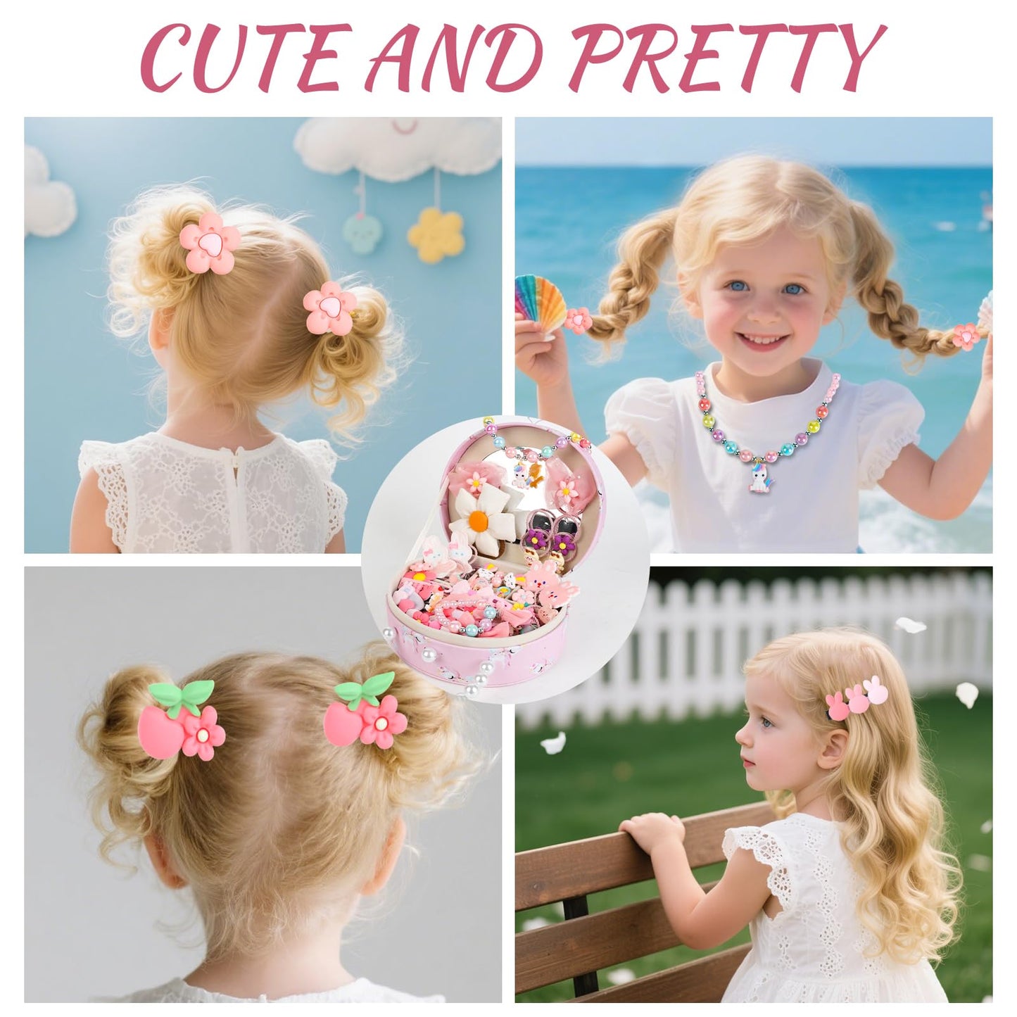 velachuan Princess Jewelry Box for Girls with Hair Accessories,Girls Hair Clips Bows Set, Fashion Hair Styling Kit with Mirror,Pink Sparkle Trinket Box Includes Hair Clips (Flower)