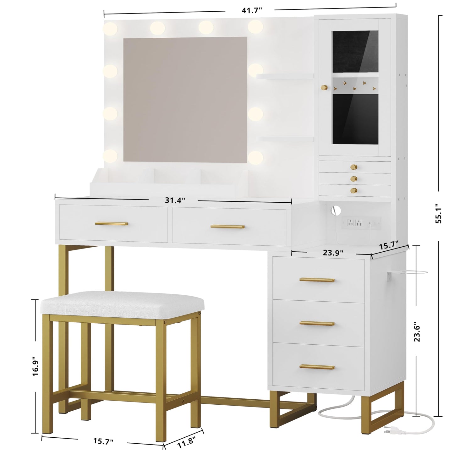IRONCK Vanity Desk with Mirror and Lights, Jewelry Storage, White & Gold