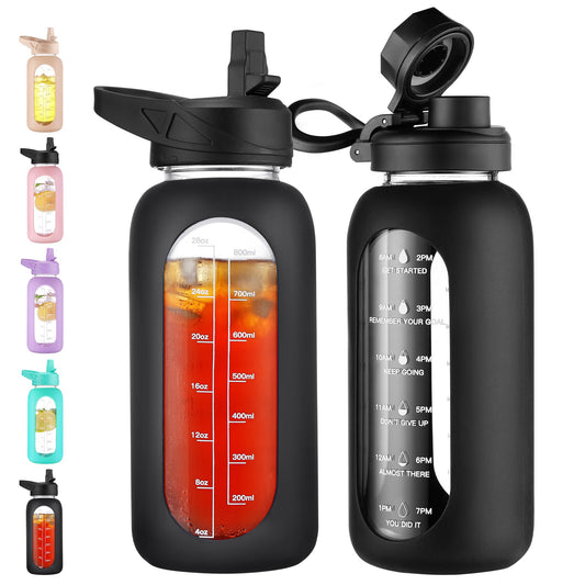 CIVAGO 32 oz Glass Water Bottle with Straw and Handle, Large Sports Motivational Water Bottle Flask with Time Marker and 2 Lids, Leakproof Water Jug Canteen with Silicone Sleeve for Gym, Black