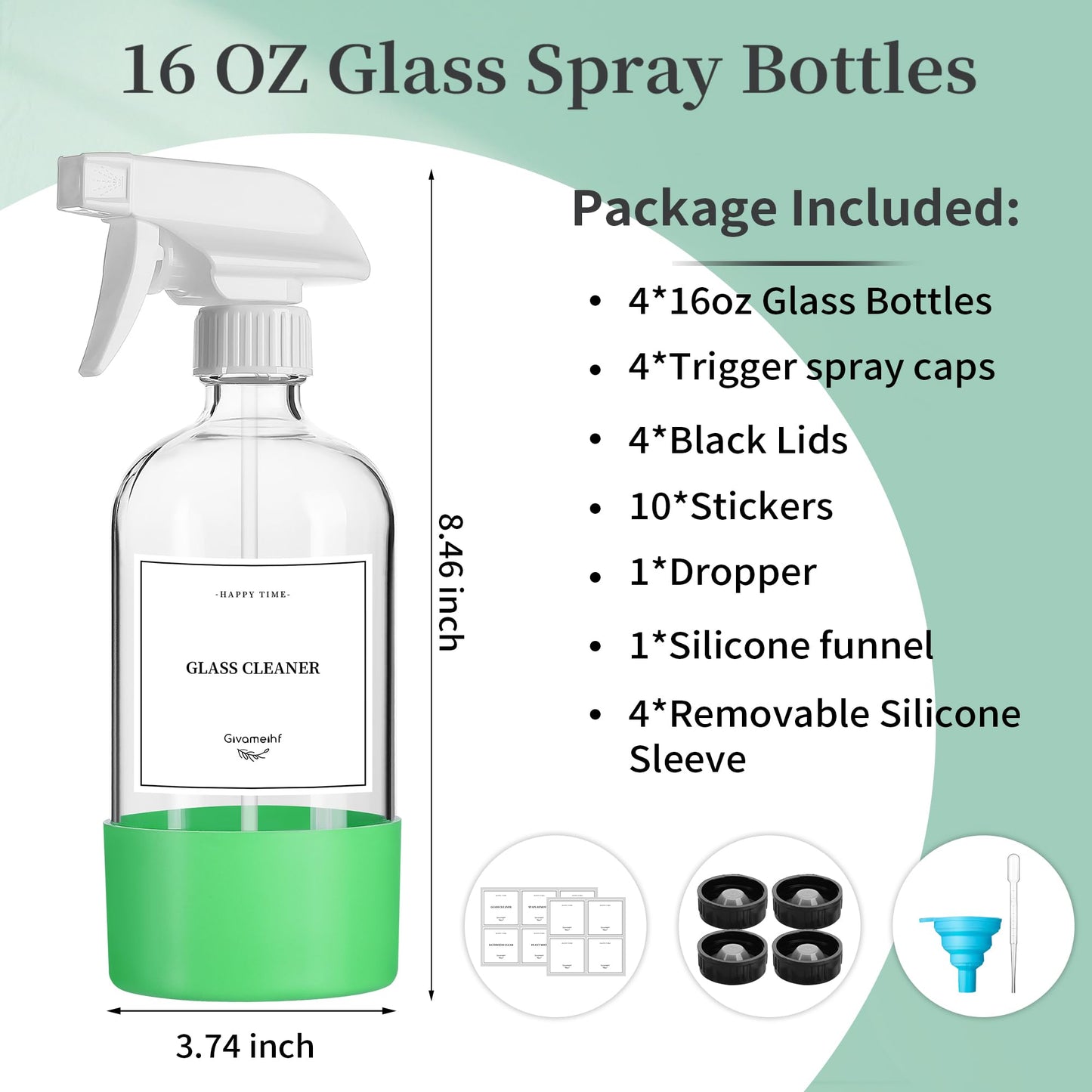GIVAMEIHF 4 Pack Glass Spray Bottles with Silicone Sleeve,16oz Clear Glass Spray Bottles Refillable Empty Bottle with Adjustable Nozzle,Spray Bottle for Cleaning Solutions,Essential Oils,Pets,Hair
