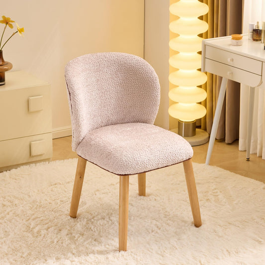VINGLI Chenille Curved-Back Armless No Wheels Vanity Chair for Girls, Cute & Furry Upholstered Desk Chair with Solid Wood Legs for Study/Makeup/Bedroom/Dressing, Fluffy Makeup Chair for Teens, Pink