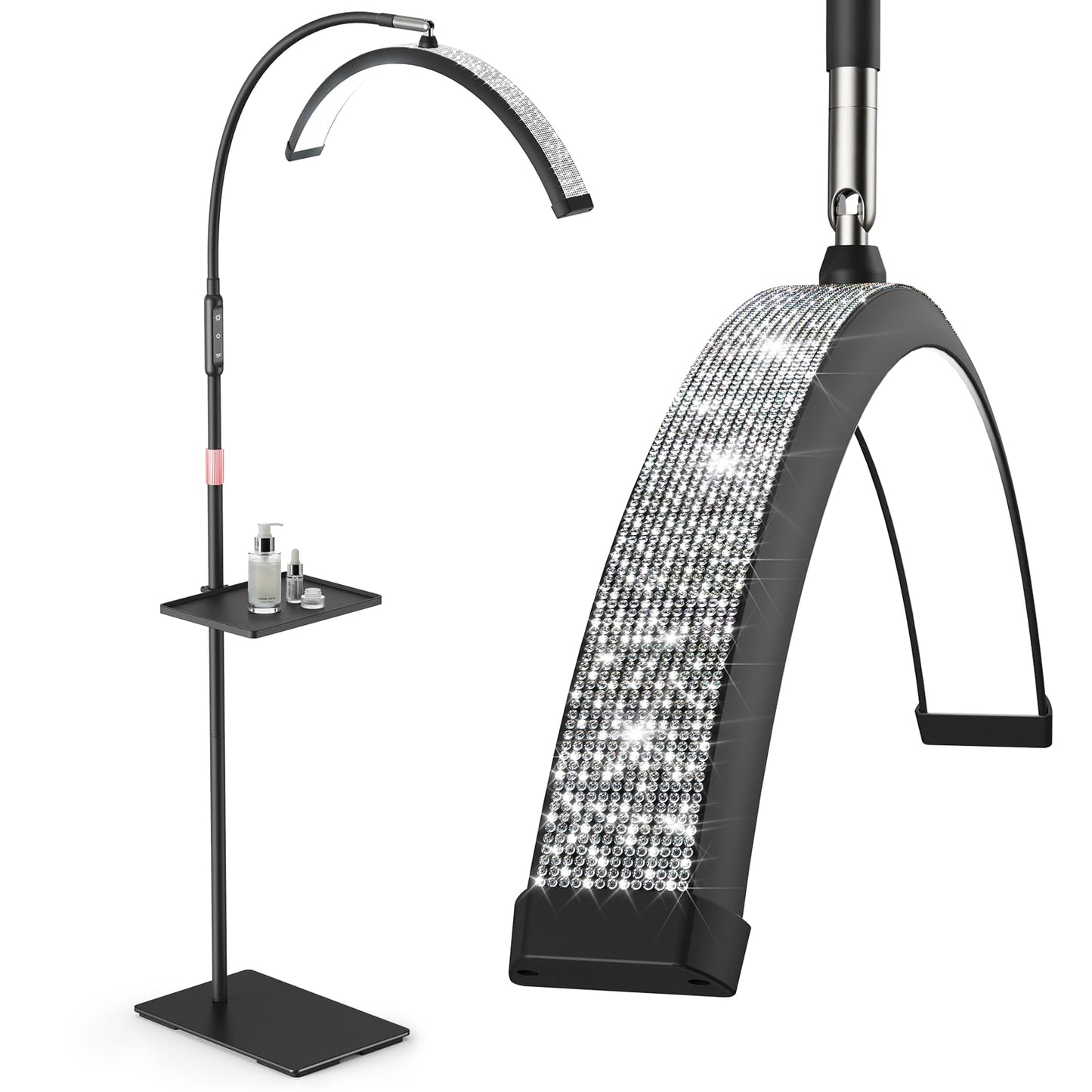 Mznoo Lash Light, 23 Inch Bling Diamond Half Moon Light for Eyelash Extensions, Nail Art, Tattoo Art and Skincare, Adjustable Color Modes and Flexible, with Tool Tray (Black)
