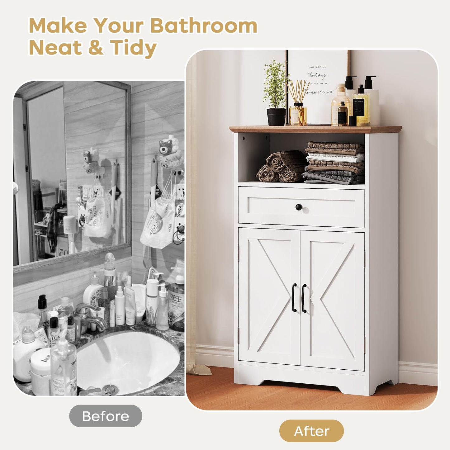 Viroformo Floor Cabinet, Farmhouse Storage Cabinet with Barn Doors and Drawer, 11.81" D x 23.62" W x 39.37" H White Freestanding Adjustable Shelf Organizer for Bathroom, Kitchen, Living Room