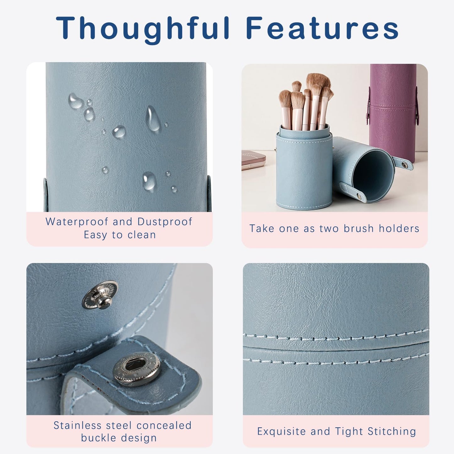 RSRSLEII Portable Makeup Brush Holder, Waterproof PU Leather Travel Makeup Brush Case Bag Cup, Brush Storage Dustproof Bag (08Light Blue)