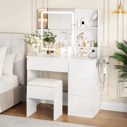 Vanity Desk with Mirror and LED Light, Vanity Desk with 4 Drawers, Power Outlet, Storage Stool, Open Shelves, Hairdryer Holder, Adjustable 3 Lighting Mode, Makeup Vanity Set for Bedroom, White