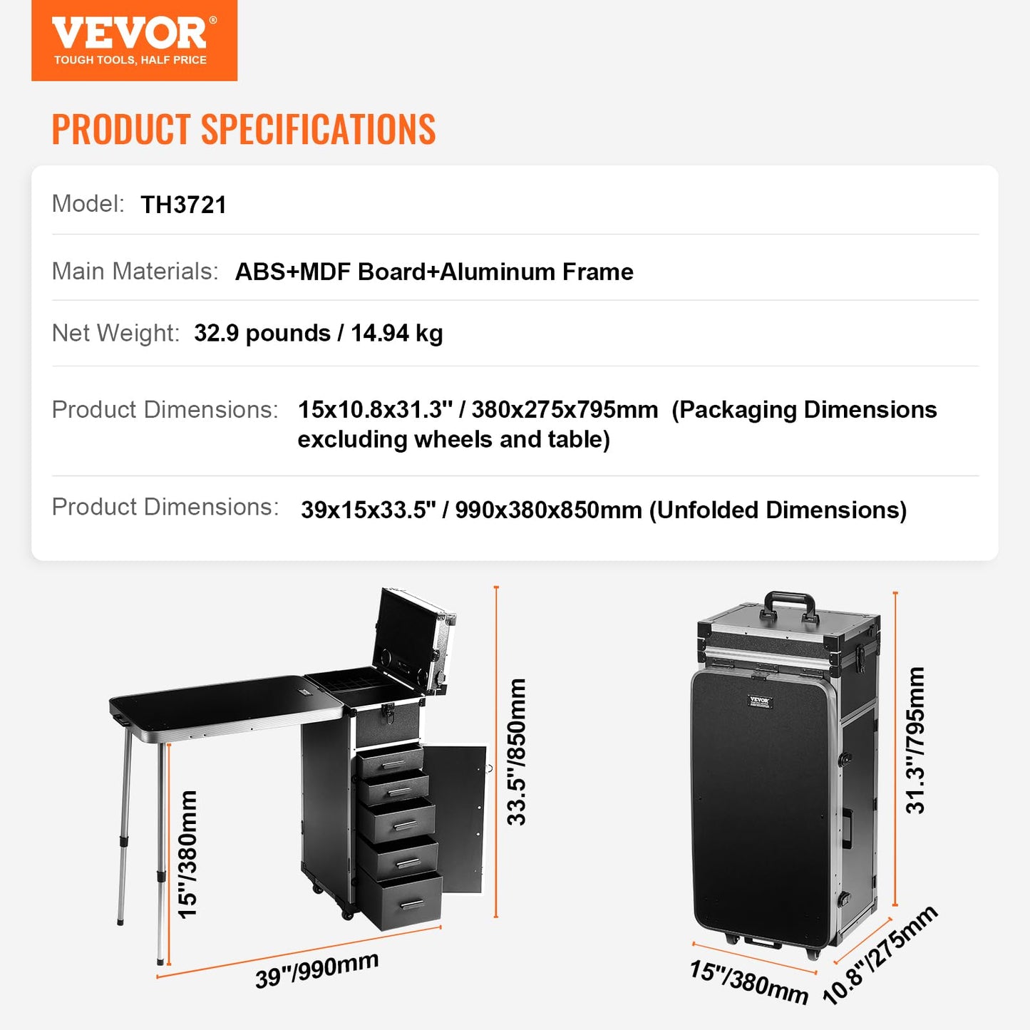 VEVOR Professional Makeup Train Case Aluminum Cosmetic Case Workbench with Supporting Legs Rolling Makeup Case HZXXGZTSZDS02K8W5V1
