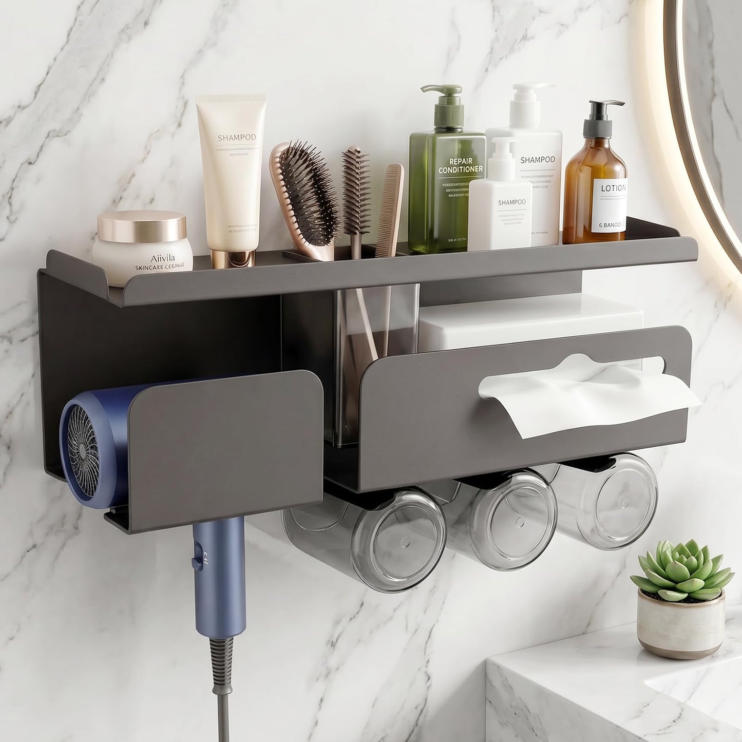 TIMBERHIDE Hair Dryer Holder with 3-Cup Rack-Multifunctional Wall Mounted Shelf for Bathroom,Organizes Toothbrush,Curling Iron,Straightener&Hair Tools,Rustproof (Gray)