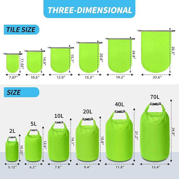 Dry Bag Set, Waterproof Small Lightweight Dry Bags for Paddle Board Kayaking, Fishing, Camping (Green, 70L 2Pack)